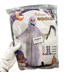 Youth 10-12 Grim Reaper Ghost Costume Halloween White With Mask Boys Girls‎